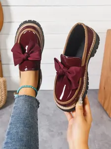 Women's Bowknot Loafers, Thick Sole PU Leather Shoes, Chunky Heel Design, All-Season Comfortable Footwear, Modest Style