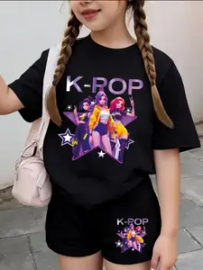 Trendy Cartoon Print Kids Short Sleeve T-Shirt & Shorts Set, Summer Korean Street Style, Breathable Comfort, Unisex Two-Piece