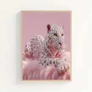 Pink Diamond Leopard Print Wall Art, Luxurious Sparkling Animal Fur Design, Feminine Glam Decor for Living Room, Bedroom, Kitchen, Bathroom, Office & Stylish Home Spaces