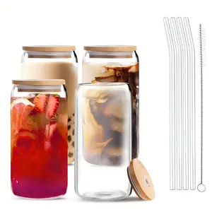 Pack Of 4, 18.6 Oz/550 Ml, Includes Bamboo Lid, Straw And Cleaning Brush, Jar-Shaped Glass Cups With Transparent Bodies, Suitable For Beverages, Juices, Milk, And Tea, Suitable For Restaurants And Parties, Drinkware