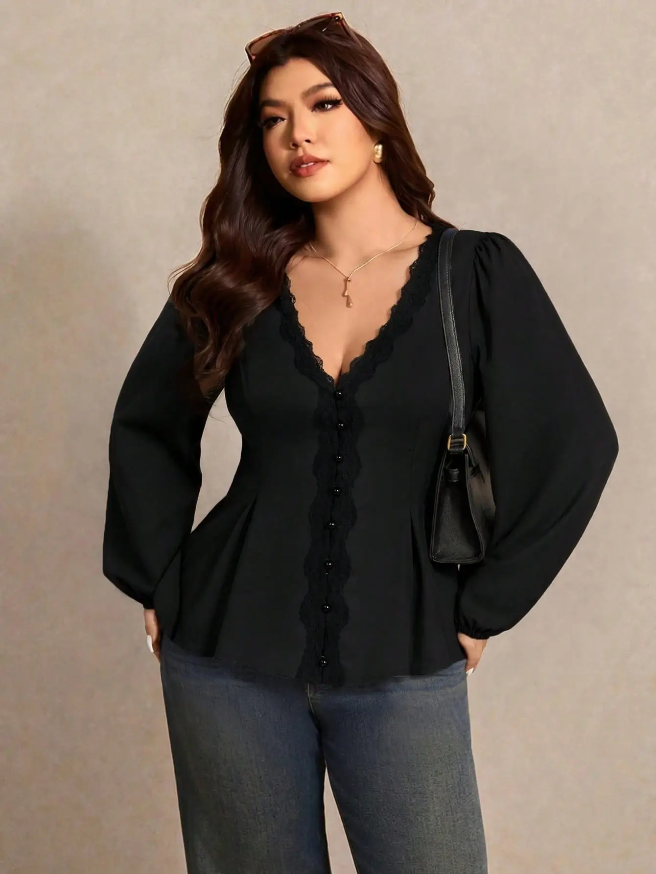 LALUZ Plus Size V-Neck Blouse Polka Dot Contrast Lace Long Sleeve Women's Fall Top Elegant Casual Fashion Office Wear