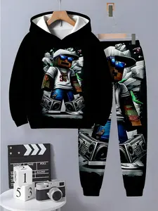 Boys' Fashion 3D Print Hoodie, Square Man Image, Casual Long Sleeve Pullover with Pocket, Elastic Polyester Blend, Fall & Winter Wear, Cartoon Print Sweatshirt