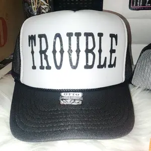 OSFM Trouble Trucker Hat - 5-Panel Cap with Mesh Back, White Front Panel, Black Sweatband, 8 Rows Stitching, 100% Polyester, Adjustable Snap Closure