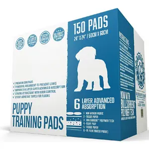 Bulldogology Puppy Pee Pads with Adhesive Sticky Tape (24x24) Large Premium Dog Pads - 6 Layer Dog Training Pads and Pet Wee Pads with Quick-Dry Bullsorbent Tech (150-Count, White)