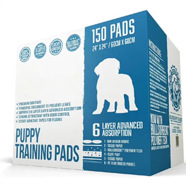 Bulldogology Puppy Pee Pads with Adhesive Sticky Tape (24x24) Large Premium Dog Pads - 6 Layer Dog Training Pads and Pet Wee Pads with Quick-Dry Bullsorbent Tech (150-Count, White)