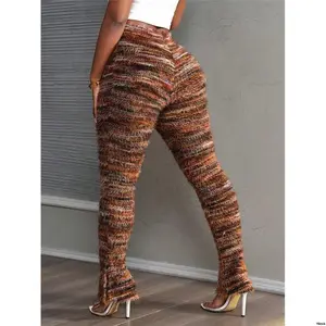 SlaydivaCasualHomeElasticWaistTexturedFlareLegPantsWithSlitHem