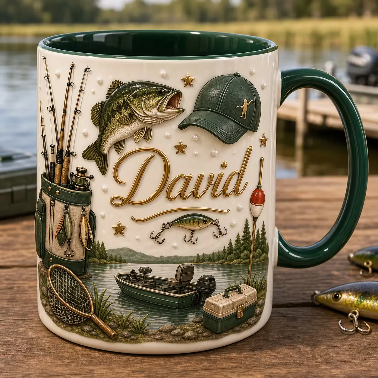 Personalized Fishing Mug 2D Printed 3D Effect, Custom Name Ceramic Coffee Cup with Bass Fish, Fishing Rods, Boat and Tackle Design, Gift for Men