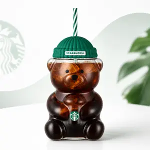 Starbucks Cute Bear Iced Coffee Tumbler 20 oz with Green Knit Style Lid and Striped Reusable Straw, Clear Animal Shaped Cold Drink Cup for Tea, Juice, Smoothies,  Coffee Bar, Party Gift and Everyday Drinkware Travel and Daily UsePendants and Decorations