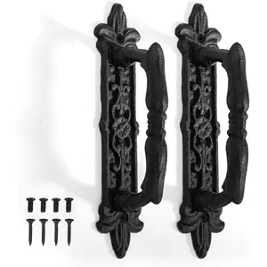 2 Pack Heavy Duty Barn Door Handle, 9 Inches Cast Iron Rustic Gate Handle, Antique Black Carved Door Pull for Garages Sheds Closet Drawer Cabinet Fence Outdoor Farmhouse