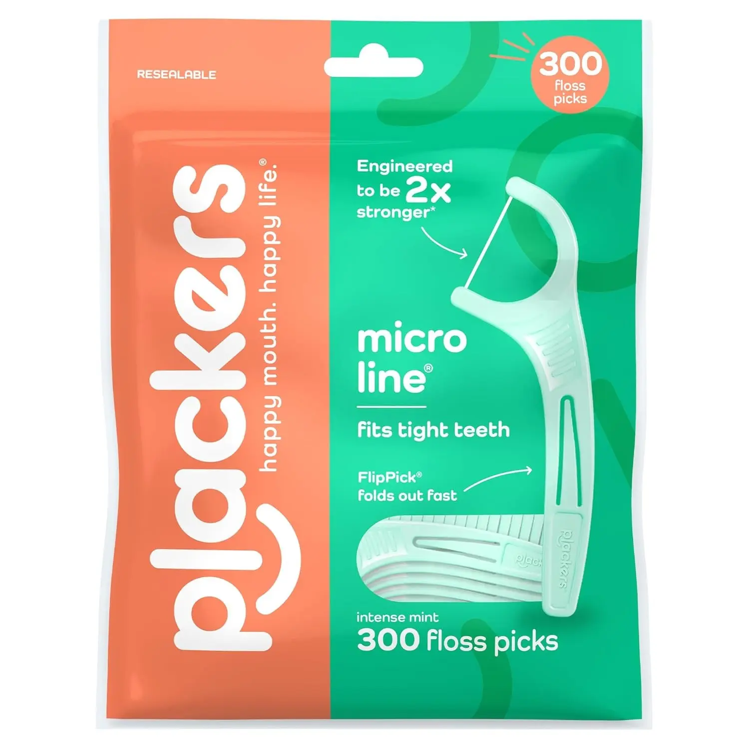 Plackers Micro Line Floss Picks, Intense Mint Dental Floss Picks, Easy-to-Use Oral Care, 300 Count