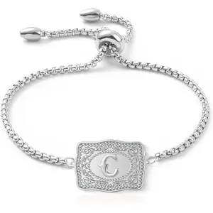 Women's Adjustable Western Cow Tag Belt Buckle Bracelet with A-Z Mini Initials, Personalized Western Jewelry, Bracelets for Women