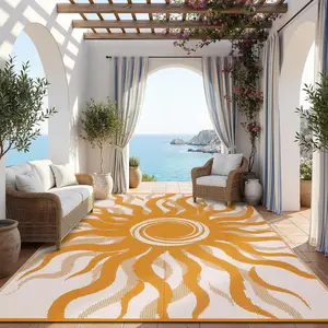 Outdoor Rug Waterproof Patio Rugs with Geometric Sun Pattern Reversible Plastic Straw Camping Rug for Deck Backyard Picnic Porch Balcony Beach