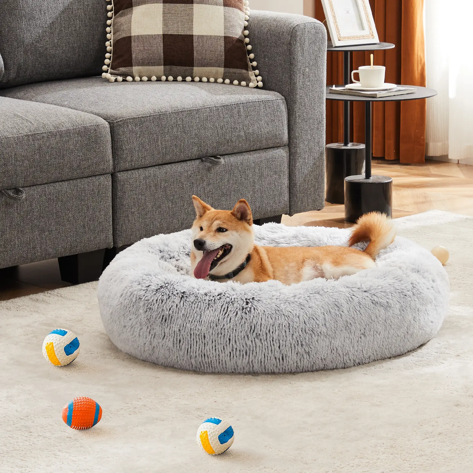Sweetcrispy S-Dog Bed, Washable Comfortable Pet Bed for Medium to Large Dogs, Anti-Slip Round Fluffy Plush Faux Fur Dog Bed for Sleeping, Indoor Puppy Bed