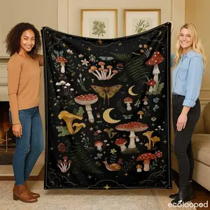 Mystical Mushroom Flannel Blanket, Enchanted Forest Print, Ultra Soft, Warm, Cozy, Lightweight, Perfect for Bedroom, Living Room, Sofa, Travel, Camping, Outdoor Activities, Ideal Gift for Nature Lovers, Housewarming, Birthday, Holidays