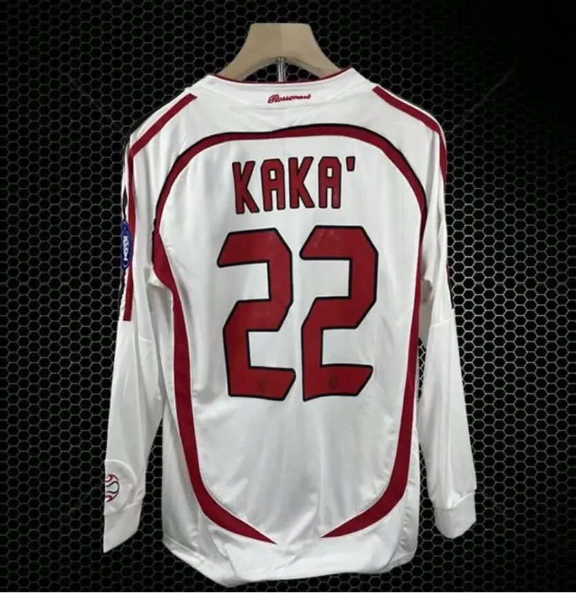 Kaká No. 22 2006/07 Milan Away Retro Soccer Jersey – White Long Sleeve Football Shirt with Red Trim, Player Name and Number