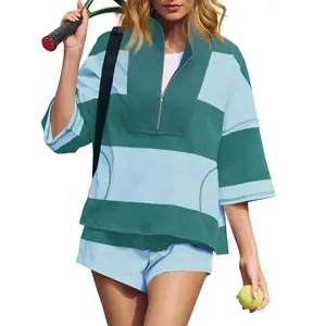Fisoew Womens 2 Piece Outfits Summer Striped Sweatshirt Workout Shorts Sets Matching Lounge Set Tracksuits #Springtok #TikTokShopJumpstartSale