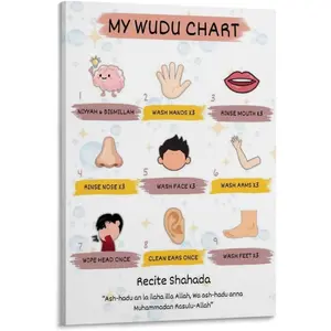 Islamic Educational Muslim Wudu Step by Step Chart Guide Kids Learning Poster (6) Bedroom Office Printed Canvas Wall Art Decoration Poster Frame-style 08x12inch(20x30cm)