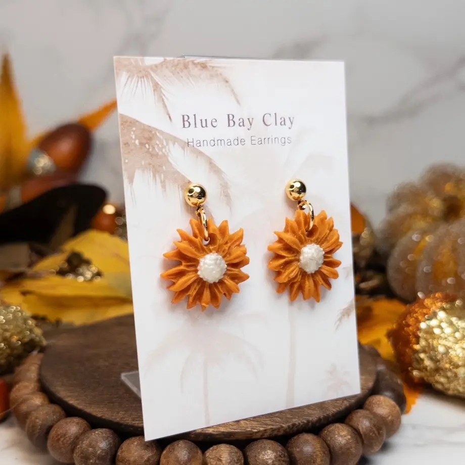Handmade Clay Single Orange Mum Fall Flower Dangle Earring, Fall & Halloween Earrings, Nickel-Free
