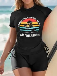 【Plus Size】Tropical Print Tankini Set, Casual Sleeveless Drawstring Swim Top & Swim Shorts for Beach, Women's Two-piece Swimsuit for All Seasons, Tankini Tops