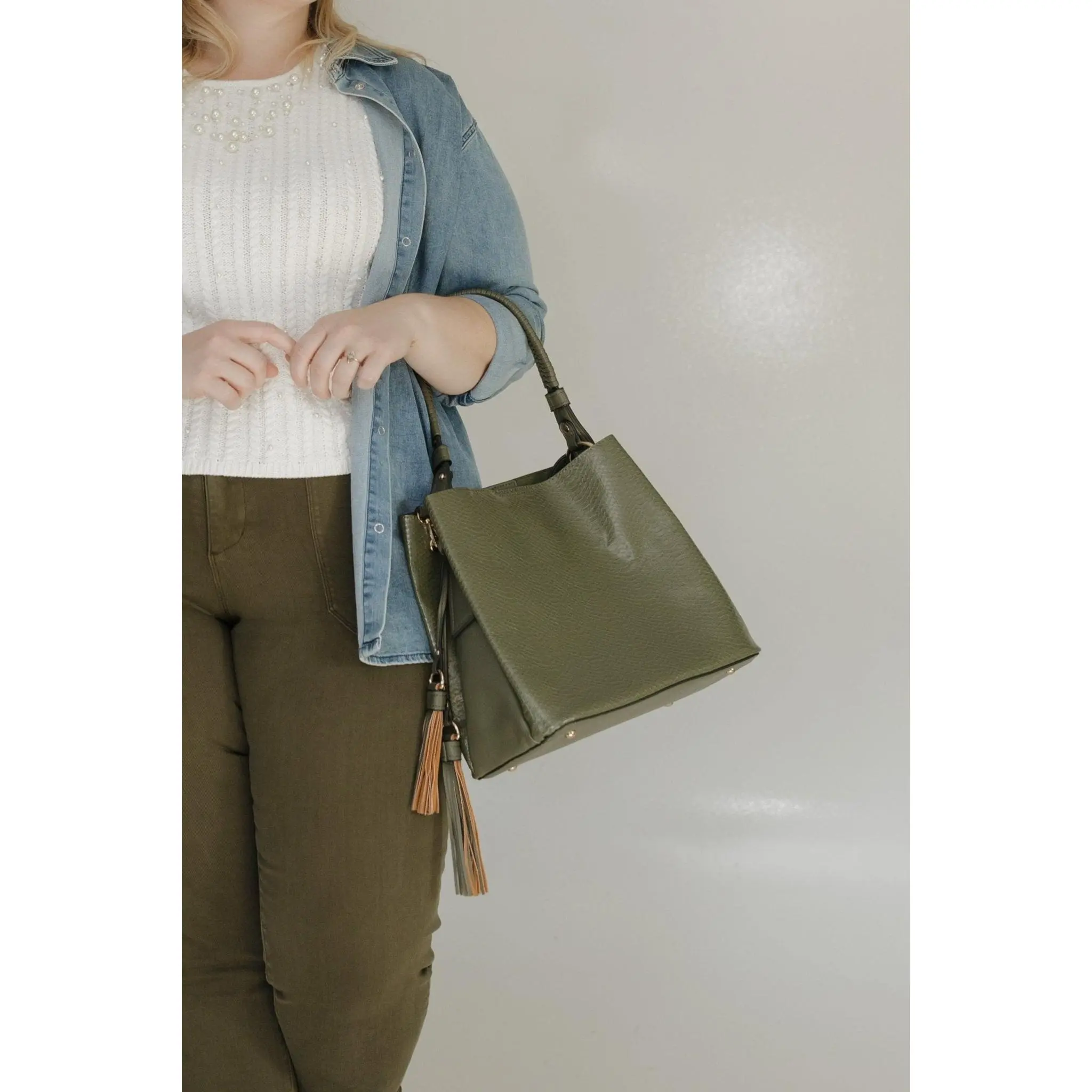 Women's Structured Hobo Crossbody Bag, Olive Green Purse with Braided Handle, Tassel Accent, 3 Compartments, Adjustable-Removable Strap, Hobo Crossbody Bags, Tassels, Three Compartment