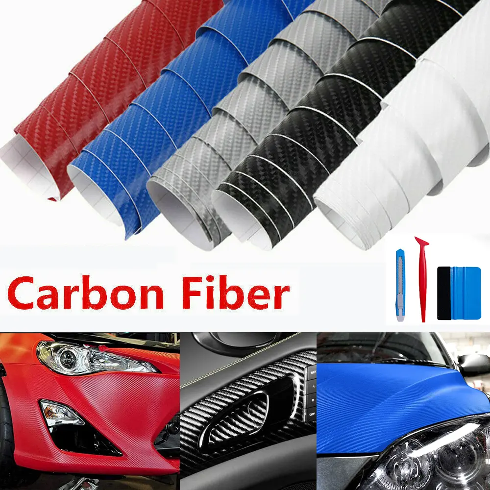 Carbon Fiber Vinyl Wrap Roll 1ft x 5ft,Super Glossy Car Wrap Film Featuring Bubble Free Air Release Technology, Car Motor Trucks DIY Interior Exterior Pillar Cover Decor With Wrap Tools
