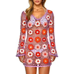 FAIRY SEASON Women's Crochet Beach Cover Up Dress Boho Bell Sleeve 3D Camellia Embroidery for Vacation Pool Party Featherlight Versatile Cover-Up