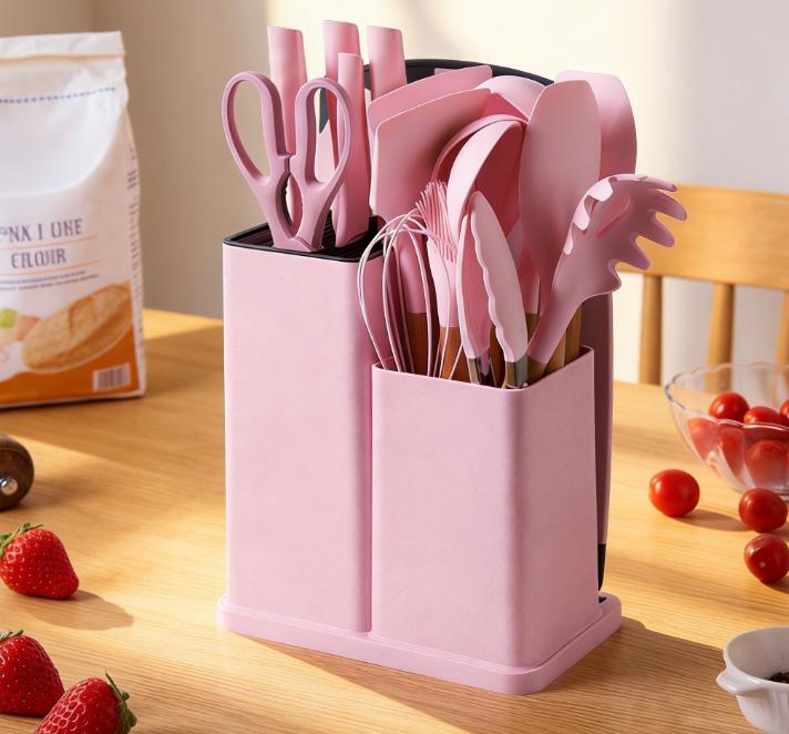 Silicone Kitchenware Set of 19: Set of Spatulas and Soup Spoons, High-Temperature Resistant Non-Stick Cookware, Cooking Kitchen Utensils, Household Silicone Spatula Wooden Handles charcuterie board White Pink