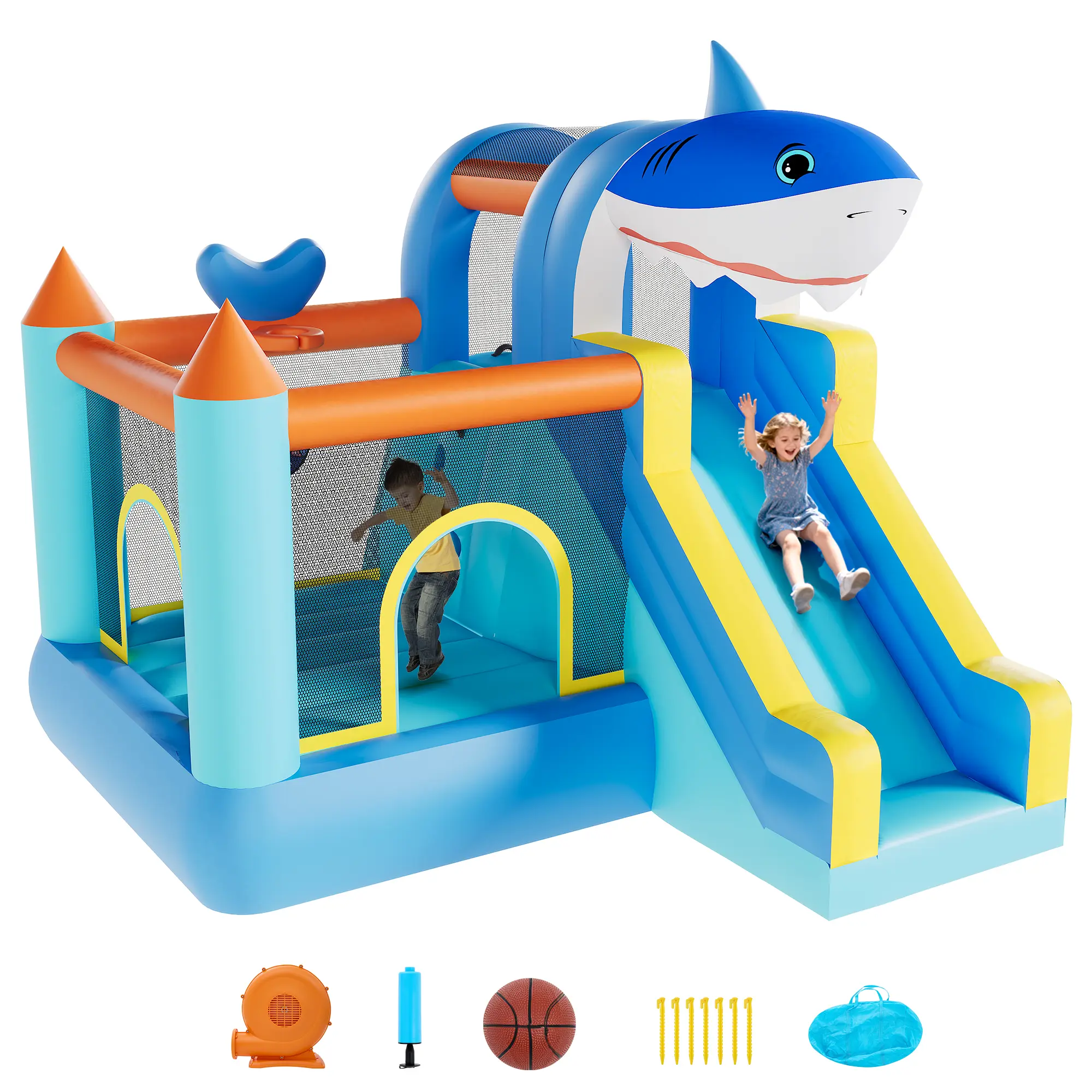 Kids Inflatable Bounce House | Oxford Fabric Bouncy Castle with Slide, Climbing Wall, Basketball Hoop & Air Blower | Multicolor