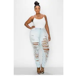 Plus Size Light Blue High Waist Distressed Jeans