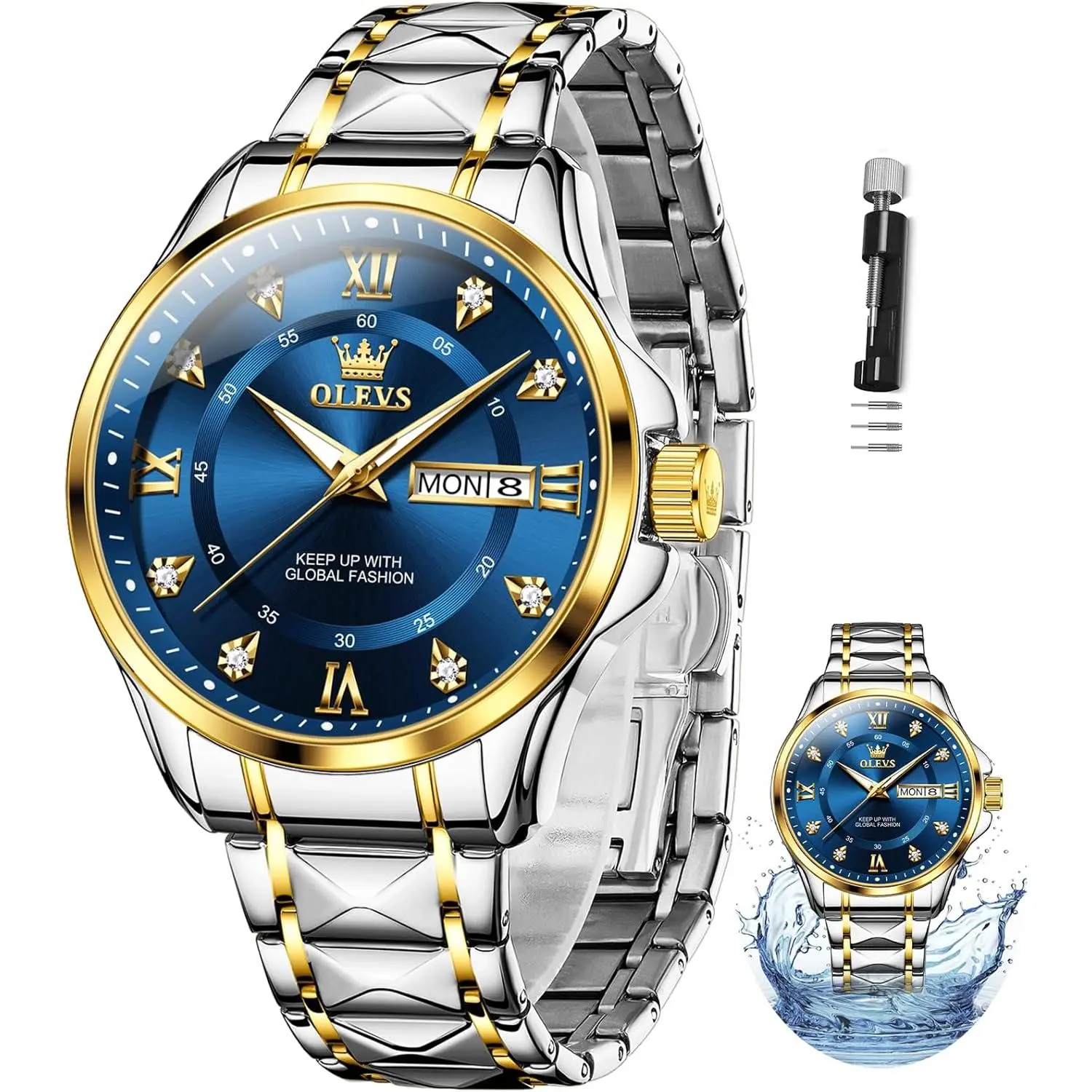 OLEVS Watches for Men,Mens Stainless Steel Watches,Men Watches Big Face,Men Watch with Date,Men Luxury Watches,Waterproof Watches for Men,Relojes para Hombres Gold/Silver/Black/Blue