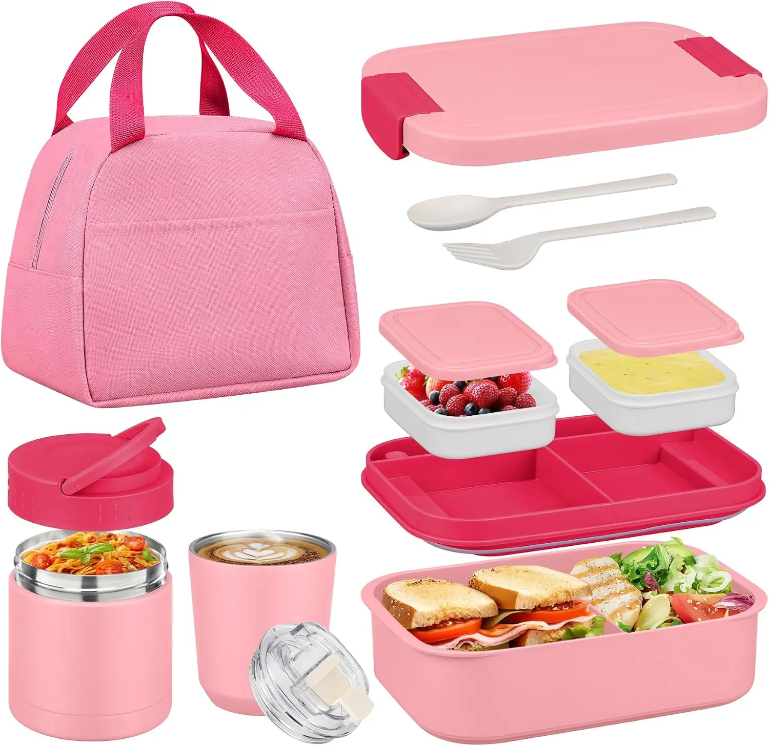 Halloween Fall Gift Bento Lunch Box Set with 10.5oz Soup Thermo Food Jar for Adults Kids, Stainless Steel Leak-proof Lunch Container with 4 Compartment, Coffee Tumbler with Lunch Bag for School Travel Office-Pink