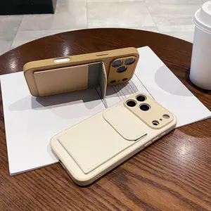 Lychee pattern card bag bracket is suitable for Apple 17promax mobile phone case, card pocket 14 change bag iPhone17Air card 16plus storage 15pro premium 11 all-inclusive 13pm female 12 Shockproof Magnetic with Lens Protector