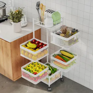 Fruit Basket for Kitchen No Assembly,Rotating Kitchen Storage Rack,Bathroom Shelf, Organizers and Storage Cart  Rolling Wheels, and Onion Storage Organizer(White, 5 Tier-Square)
