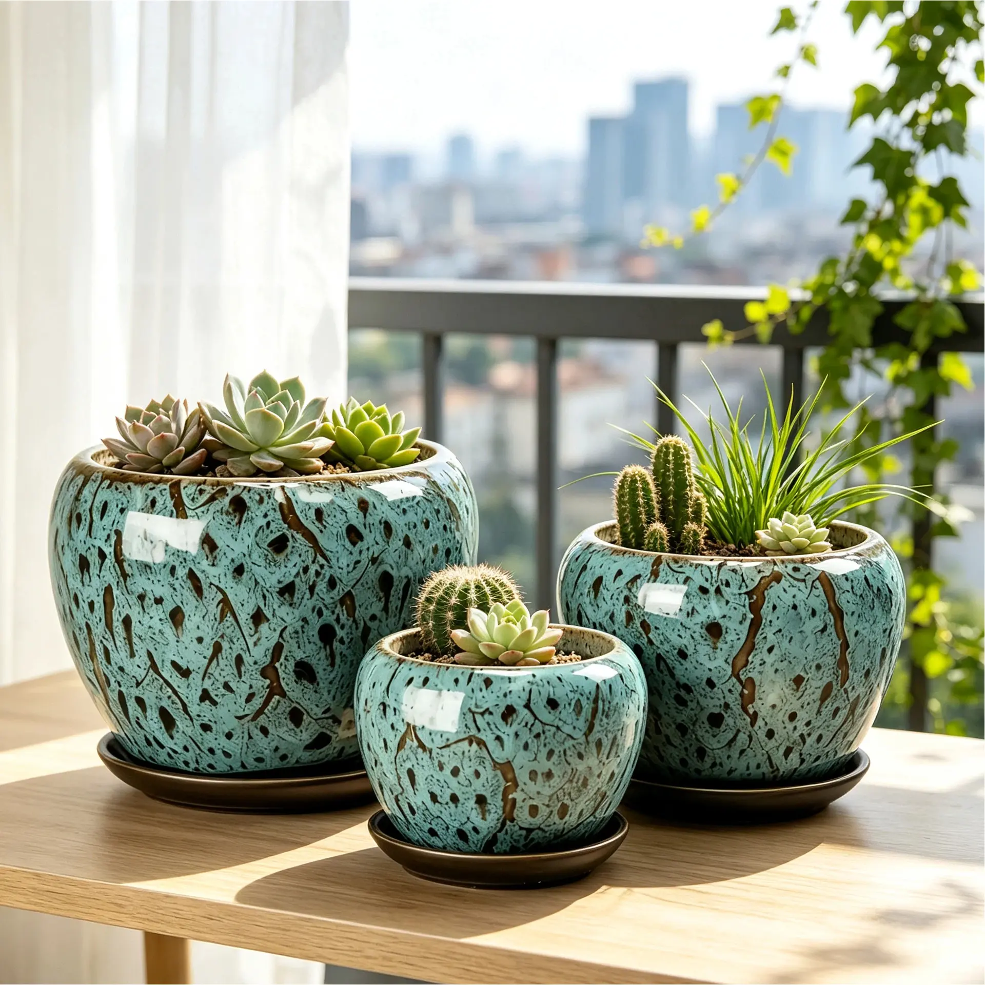 3 Pack 6" Handcrafted Glaze Ceramic Plant Pots with Matching Saucers, 3 Size Indoor Outdoor Planters for Succulent Cactus Houseplant Tabletop Garden Decor