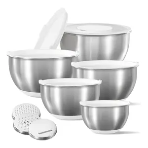 CAROTE Stainless Steel Mixing Bowls with Lids Set,12 Pcs Nesting Bowls Clear Airtight Lids 3 Grater Attachments,Non-Slip Bottoms & Measurement Marks Mixing Bowls,Size 5,3,2,1.5,1QT