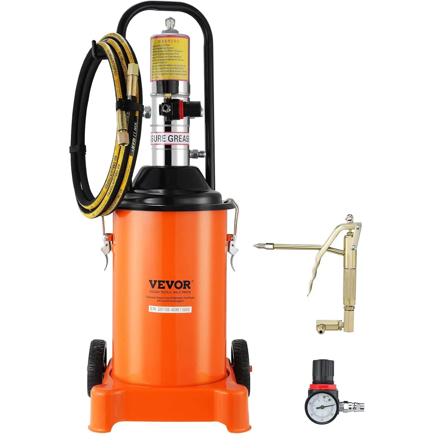 VEVOR Grease Pump, 3 Gallon Air Grease Pump with 13 ft High Pressure Hose and Grease Gun, 12L Pneumatic Grease Pump with Wheels, Portable Lubrication Grease Pump