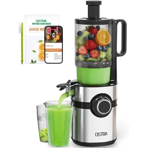 OSTBA Cold Press Juicer, Stainless Steel 200W Blender Jug with 5'' Large Feed Chute for Whole Fruits & Vegetables, 99.8% Juice Yield, Easy Clean, Black