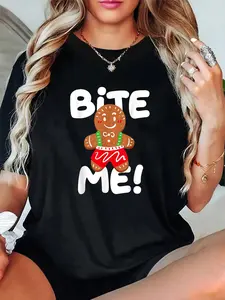 Unisex 100% Cotton Bite Me - Funny Christmas Gingerbread Man T-Shirt, Autumn Women’s T-Shirt with Merry Christmas Lettering and Snowflake Design