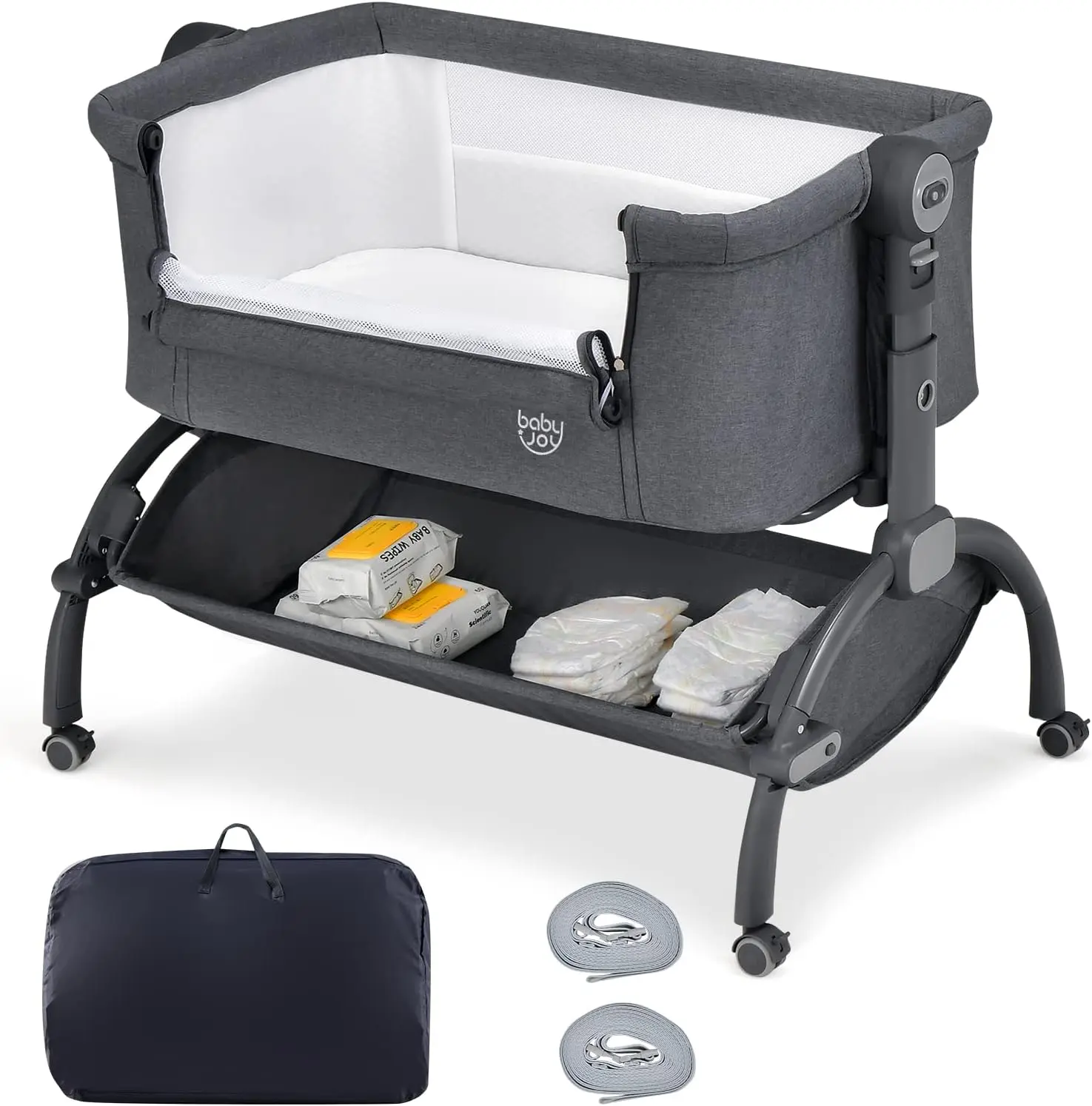 Baby Bassinet, 3-in-1 Rocking Bassinet w/Storage Basket, Double-Lock Design, 7 Adjustable Heights, Soft Mattress & Portable Travel Bag, Bassinet Bedside Sleeper for Newborns Infants