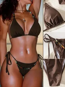 Women's Swimsuit,Y2K and Sexy Style,Tie Back Bikini,Halter Bikinis Set,Brown Bead Decor ,solid colour,Beach Outfits For Woman Christmas party outfit ,gift for her