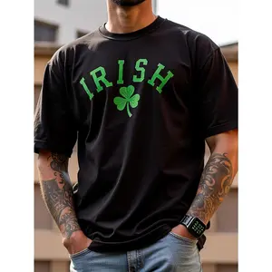 Men'S Irish Graphic T-Shirt - 100% Pure Cotton, Loose Fit Casual Tee with Shamrock & "IRISH" Print, Comfortable for Spring/Summer Outdoor & Daily Wear, Patriotic Design, Short Sleeve, Round Neck, Medium Stretch Fabric, Everyday Tshirt | Irish Themed Shirt