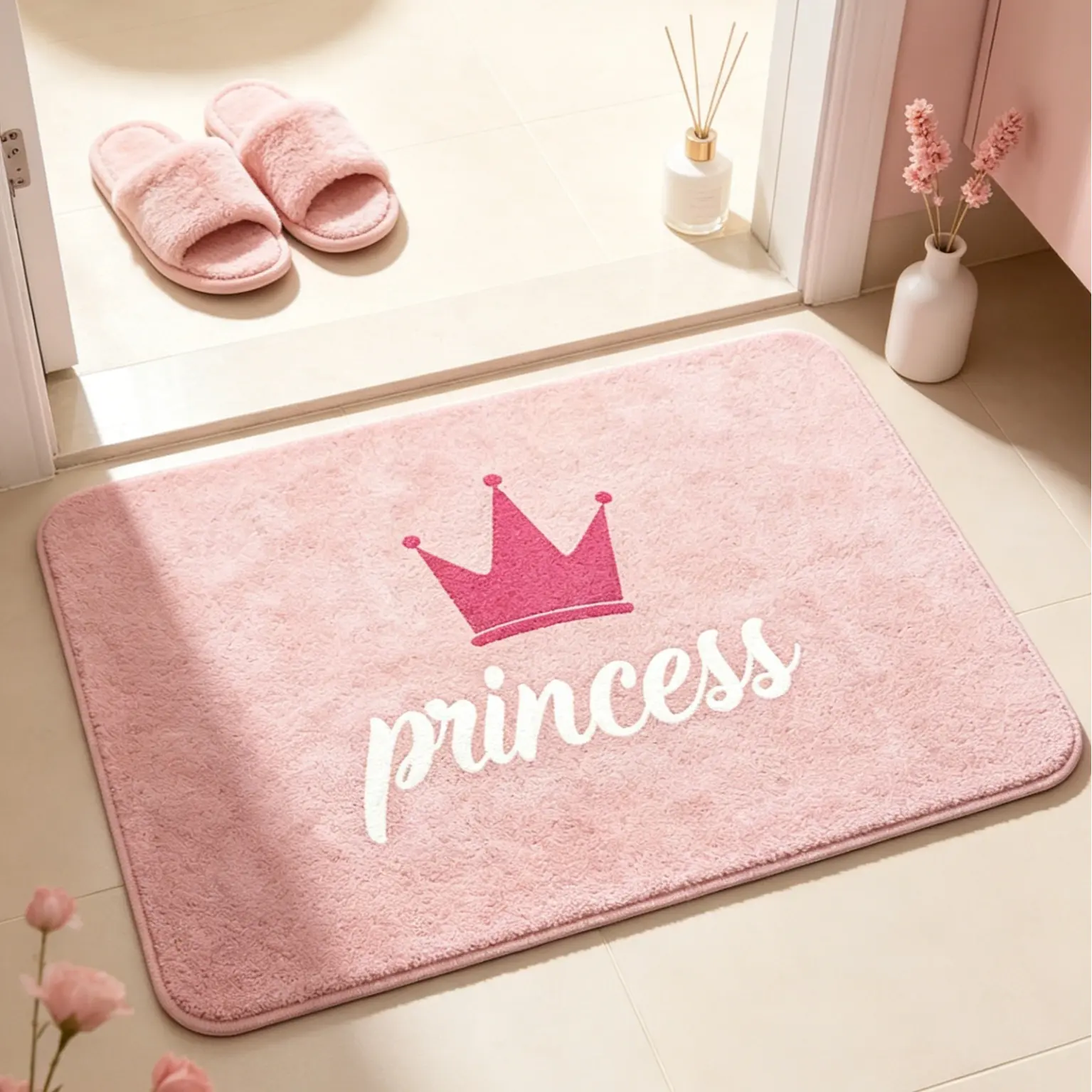 Classic Tufted Print Flannel Rug - Instagram-Inspired, Pink Crown & "Princess" Design, Stain-Resistant, Durable, Ultra-Soft, Thick, Lightweight, Non-Slip, Machine-Washable for Bedrooms & Living Rooms