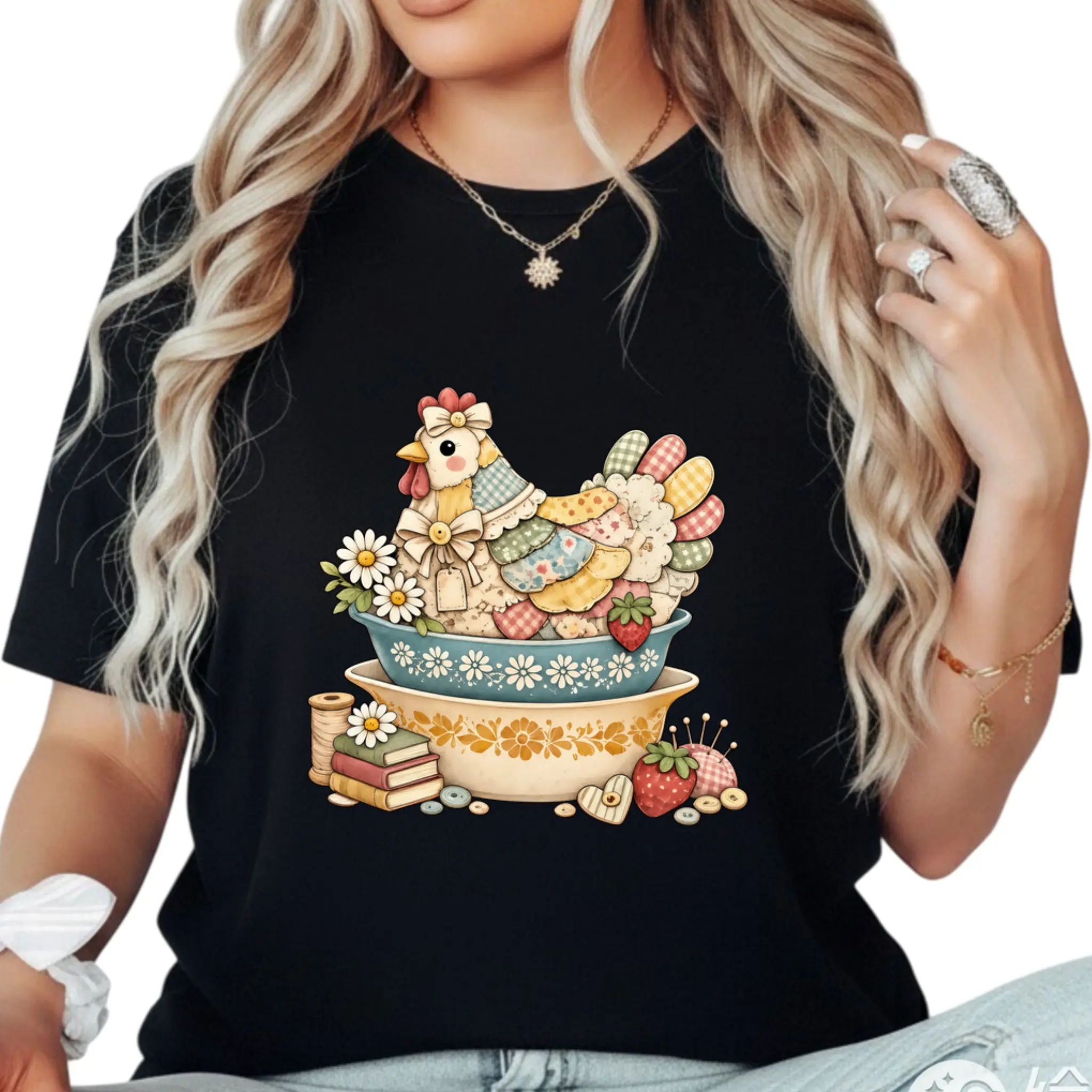Patchwork Vintage Chicken Pyrex Inspired T-Shirt, Quilted Hen on Nest, Grandma Core Vintage Kitchenware Shirt, Printed Shirt