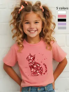Girls T-Shirt Shiny Cat Design, Eye-Catching Print, Soft Breathable Fabric, Cute Casual Wear for Kids, Graphic Print Tee