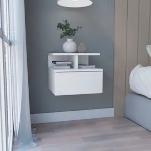 【GOOGREAT】Floating Nightstand 12"H, Wall Mounted with Single Drawer and 2-Tier Shelf, White