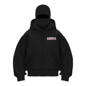 Men's Balaclava Hoodie Jacket Zip Up America Letter Printed Fashion Double Layer Hoodie Hip Hop Outerwear Y2K Clothing for Men and Women Long Sleeves Medium Length 100% Polyester