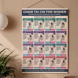 [Sale off up to 65%][Free Ship][No Frame] Tai Chi Chair Workout For Women Poster, Printable Seated Tai Chi For Ladies, Chair Workout Women, Womens Health Chart, Senior Women Workout