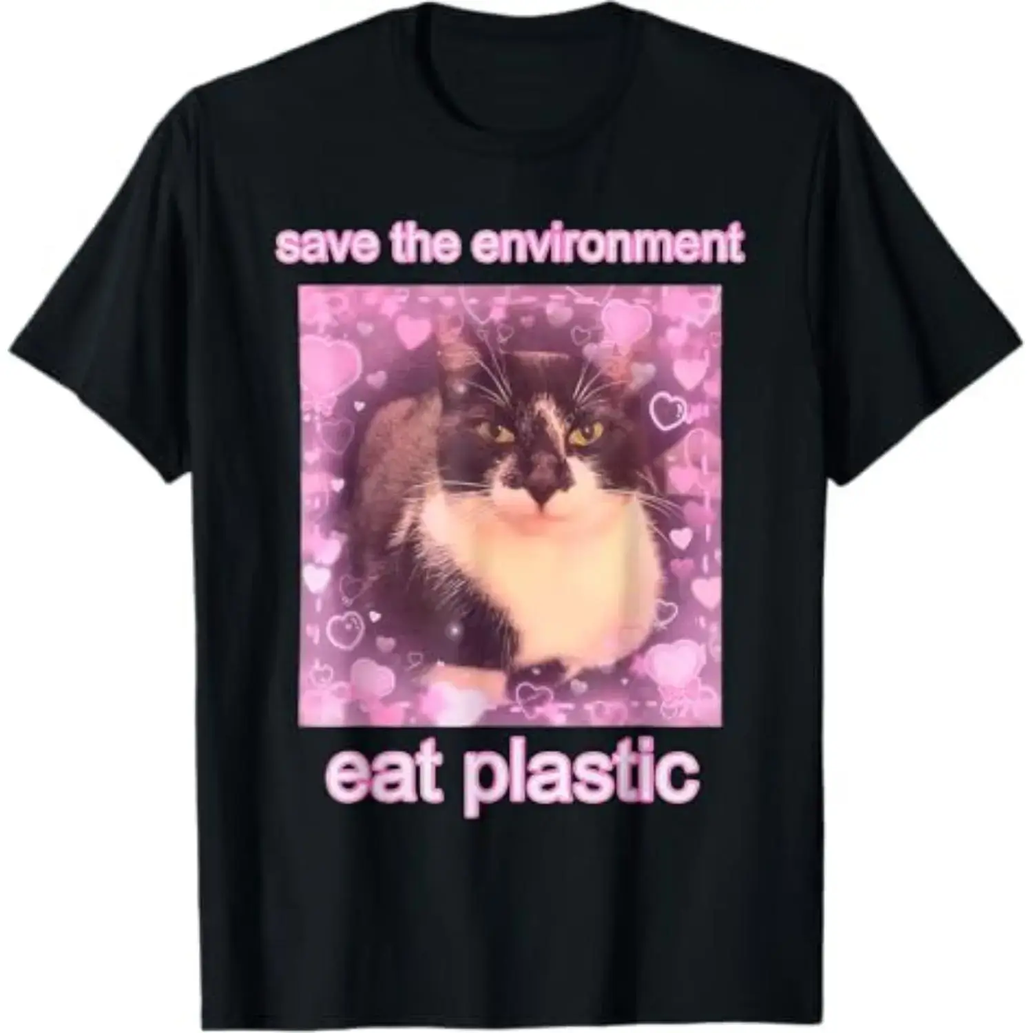 Men's Black Cotton T-Shirt - Casual Classic Menswear Round Neck Shortsleeve Top with Funny "Save The Environment" Cat Meme Graphic, Soft Minimalist Clothes Fabric, Tshirt, Office, Meme Shirts Funny, Humor Graphic Tee, Funny T-Shirts Meme