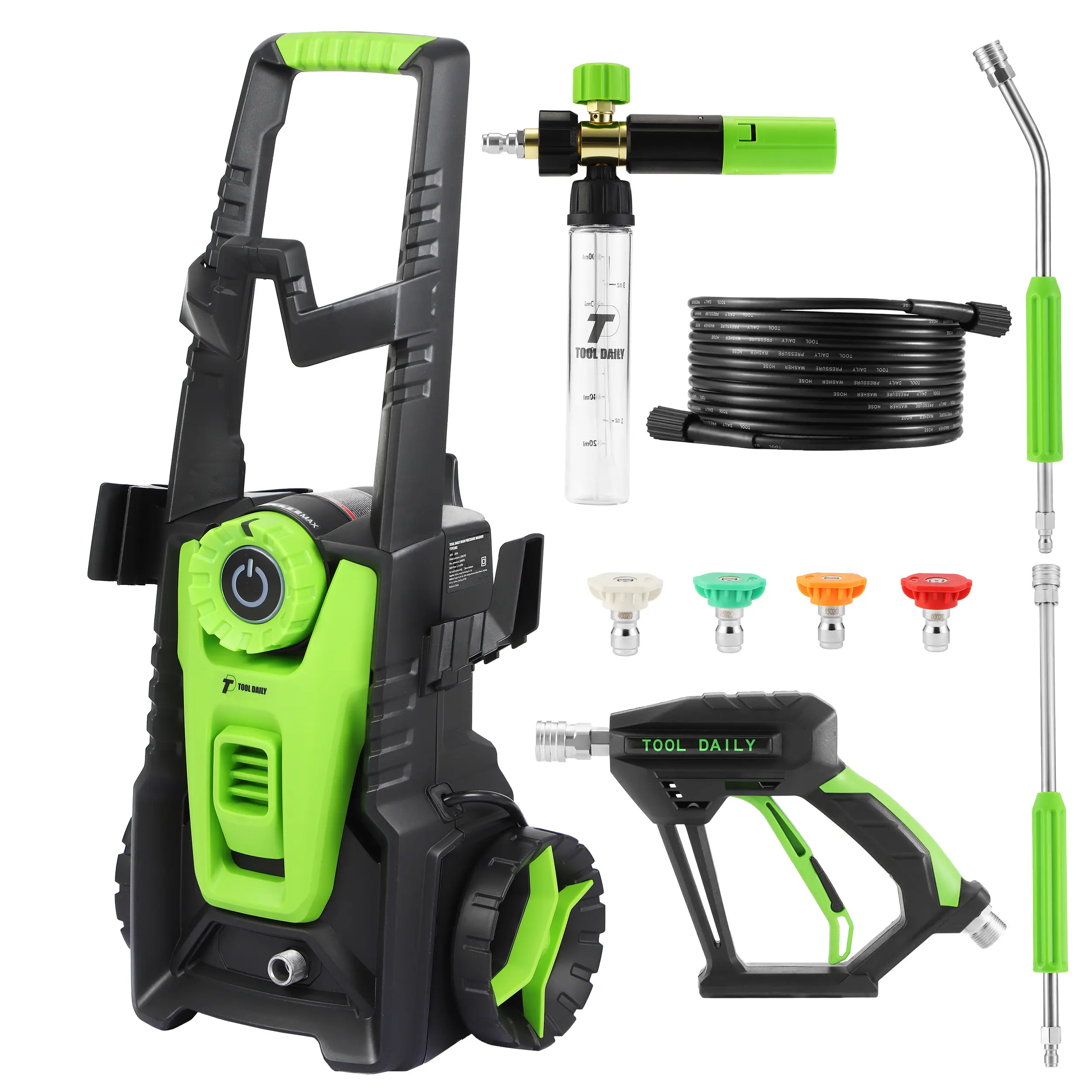 TOOL DAILY Durable Construction Electric Pressure Washer, 2500 PSI 1.76 GPM, 120V 60Hz, 32FT Hose & Original Foam Cannon Set for Cars, Motorcycles, Driveways (Supports 2000 PSI Use)