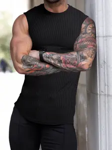 Men's ribbed muscle texture sports vest - Vertical ribbed texture, classic round neck design, elastic fabric, slim fit to highlight muscle lines. Perfect for gym workouts, streetwear layering, and everyday casual wear. Sports Fitness Vest